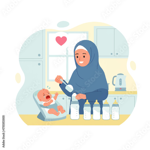 Muslim mother preparing baby formula while baby cries in bouncer.