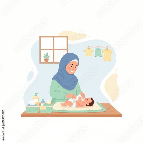 Muslim woman changing baby's diaper on changing table.