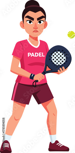 An illustration of a focused woman athlete, hair tied in a bun, wearing pink sportswear, and intensely holding a padel racket ready for the next hit