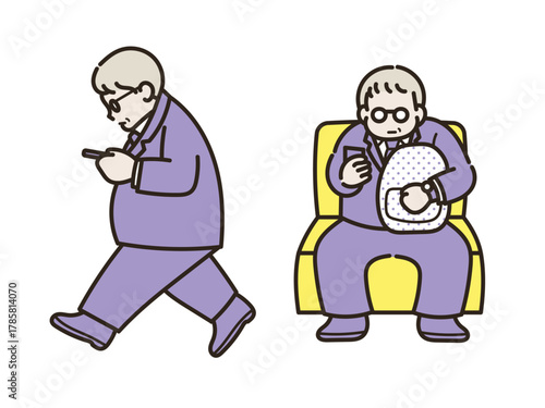 歩きスマホ、座ってスマホをいじる50代のビジネスマンのイラストセット