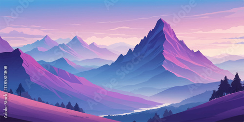 Abstract gradient landscape with violet and purple mountain peaks and calm reflective water.