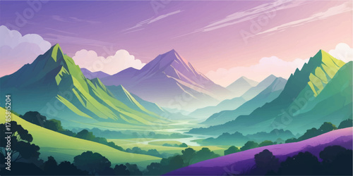 Elegant green mountain landscape vector with gradient sky and valley depth effect