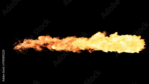 Trail of fire from a rocket or meteor with a fire gradient of colors from orange to yellow and intense bright flames on a black background