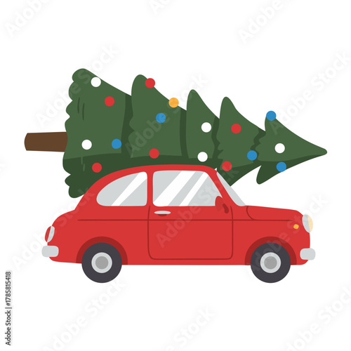 Red car carrying Christmas tree with colorful ornaments, transparent background, isolated, vector  