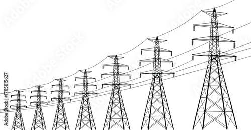 High voltage transmission towers and power lines, electrical energy infrastructure, industrial electricity network, power distribution system