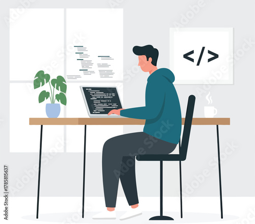 Developer Coding on Laptop at Modern Office Desk: Programming and Software Development Concept