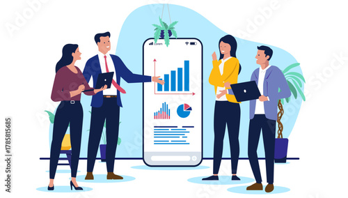 Business team of businesspeople stands around a large mobile screen displaying data charts and graphs, discussing analytics and strategy in a flat design vector illustration on white background