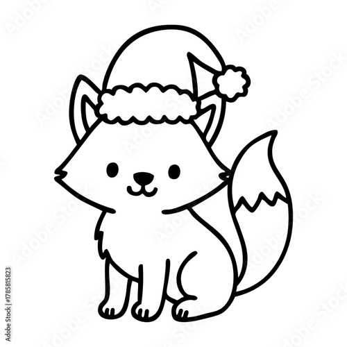 Dibujo sencillo con líneas de zorro simpático con sombrero de Santa Claus para tarjetas y felicitaciones de Navidad