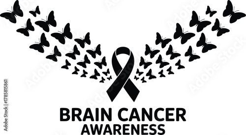 Black ribbon and butterflies with brain cancer awareness text support