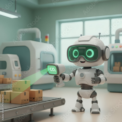 A robot in a factory measures CO₂, indicating automated environmental monitoring in industry
