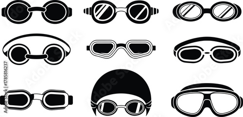 Collection of nine black and white vintage goggles and aviator glasses retro