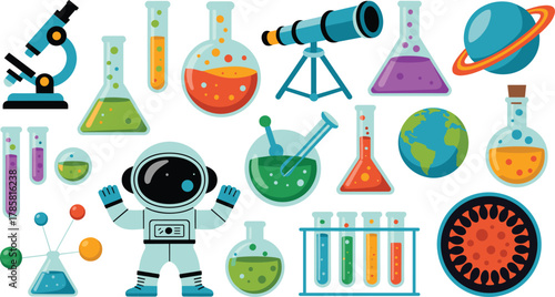 Cartoon science and space objects including astronaut and planet laboratory experiment