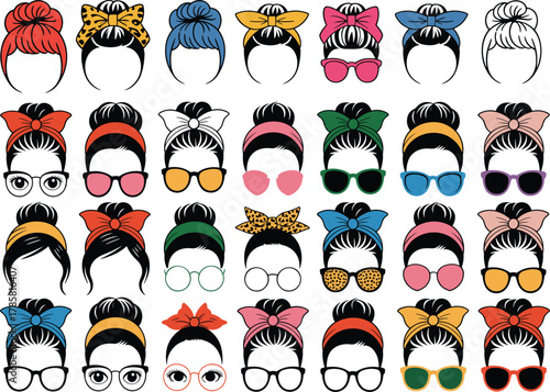 Collection of Messy Bun Hairstyles with Headbands and Sunglasses woman female