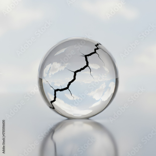 A cracked glass globe (depicting Earth) sits against a light background.