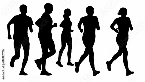 Silhouette illustration depicting a group of people running together in a race or marathon event outdoors