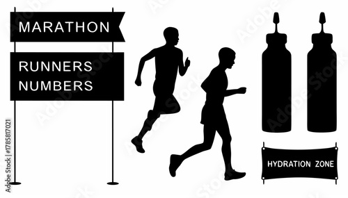 Silhouette of marathon sign with runners and hydration zone banner and water bottles in black and white style