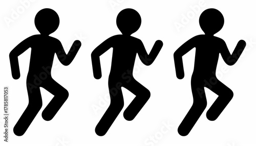 Three black stick figures in a running or jogging pose aligned in a row on a white background image view