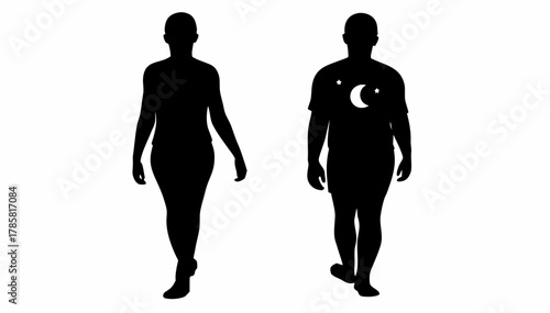 Two silhouettes of people walking one wearing a dress and the other a shirt with a moon design on it