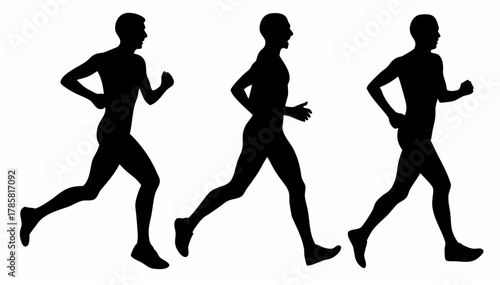 Three black silhouettes of men in running poses against a white background showcasing motion and activity
