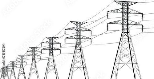 High voltage electricity transmission towers with power lines, energy infrastructure, industrial grid system, renewable power distribution
