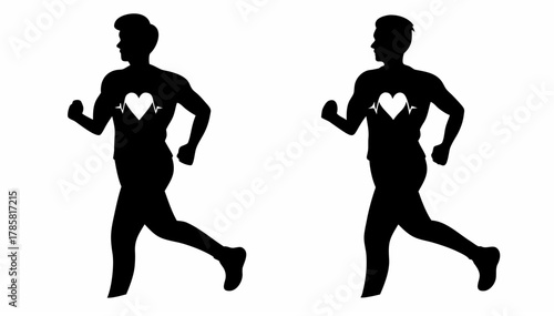 Two silhouettes of men running with heart and heartbeat symbol on their chests in black and white style