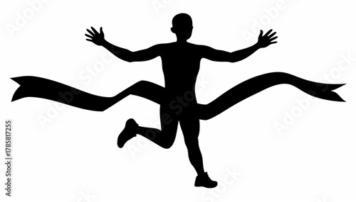 Silhouette of a runner crossing the finish line with arms raised in victory and a ribbon across the chest