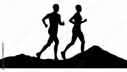 Silhouette of two people jogging on a mountain trail against a white background in black and white style