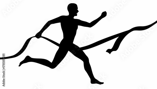 Silhouette of a runner breaking the finish line tape in a race with arms raised in victory pose race end