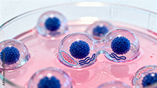 A microscopic image of human stem cells in a nutrient-rich culture medium. 