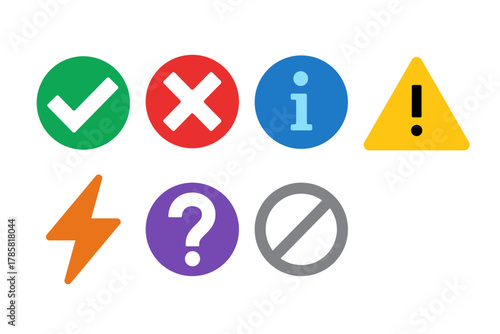 Colorful symbols including check mark, cross, info, warning, lightning, question, prohibition & blank icons. Use for UI design, app development, presentation graphics & educational materials.