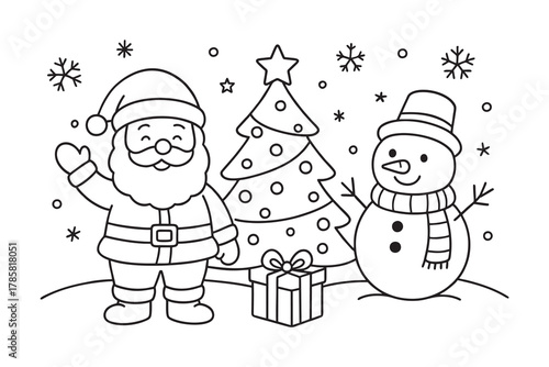 Cute Christmas coloring page with Santa Claus, snowman, Christmas tree, and gift box. Simple festive line art illustration for kids coloring books and winter holiday activities, vector format.