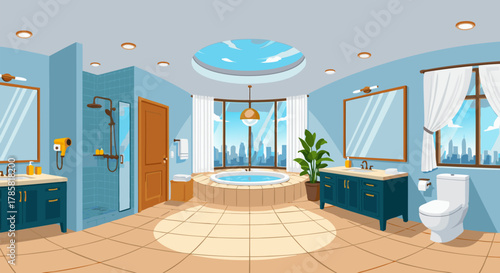 Vector Illustration of a Modern Luxury Bathroom Interior Design with a Panoramic City View, Bathtub, Shower, and Elegant Fixtures