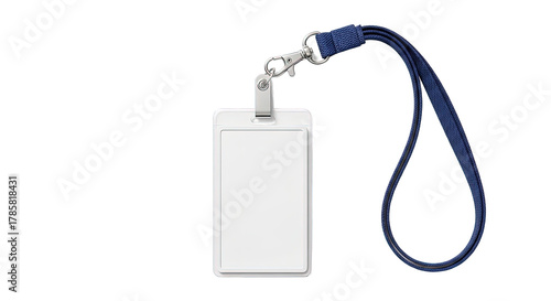 Blank white id card with a blue lanyard isolated on transparent background, perfect for showcasing employee identification, event access, or security clearance in a professional setting