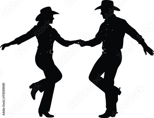 Country western dancing silhouette of couple in cowboy hats and boots eps