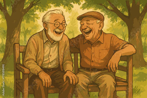 Two elderly caucasian men joyfully laughing and sitting on a wooden bench in a lush, green park surrounded by trees.