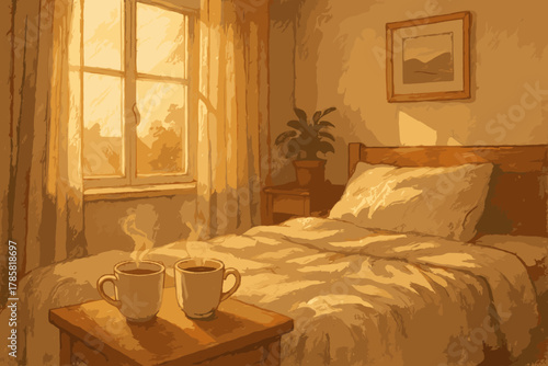 Warm, cozy bedroom with sunlight streaming through a window, illuminating a bed and two steaming coffee mugs on a small wooden table.