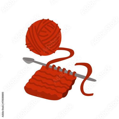 A ball of yarn with knitting needles and a half-finished fabric, cozy knitting illustration