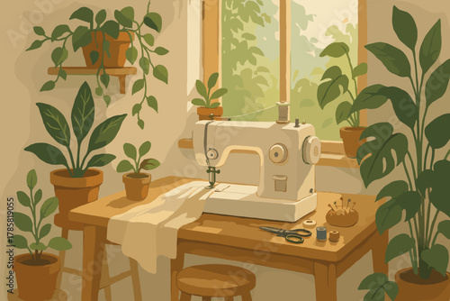 Cozy workspace with a vintage sewing machine on a wooden table, surrounded by lush potted plants and sewing tools, set against a sunlit window backdrop.