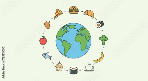 Colorful illustration of a globe surrounded by various food icons including pizza, hamburger, sushi, fruit, and vegetables in a circular arrangement.