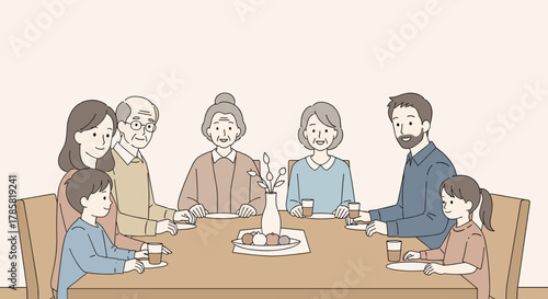 Cartoon family of seven, including grandparents, parents, and children, seated around a dining table enjoying drinks and fruit together, depicting a warm, happy moment.