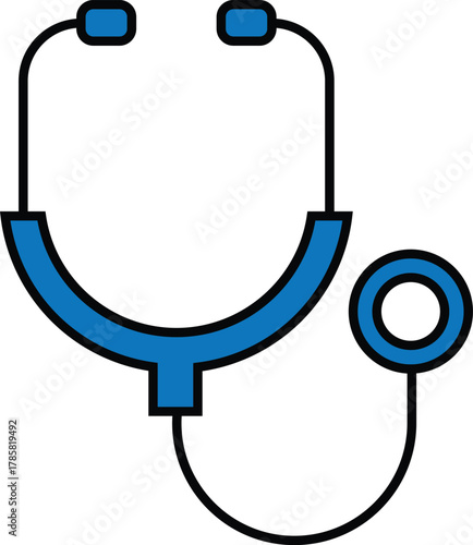 A blue and black stethoscope with ear pieces and circular chest piece on a plain white background image