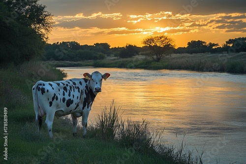 Cow by the River at Sunset