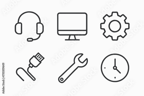 Black and white icons: headset, monitor, gear, cable, wrench, clock