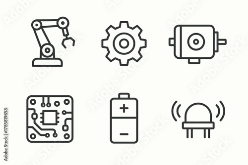Set of robotics and technology icons: robot arm, gear, motor, circuit board, battery, led