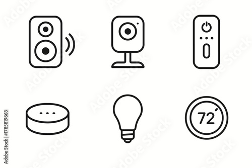 Smart home device icons: speaker, camera, controller, hub, lightbulb, thermostat