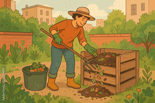 Young hispanic female gardener turning compost with a pitchfork in a lush garden, surrounded by vegetable plants and a bucket of harvested produce.