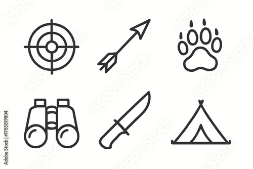 Hunting and camping icons: target, arrow, paw, binoculars, knife, tent