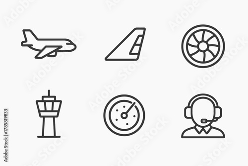 Aviation icon set with airplane, aviation tower, and control headset symbols