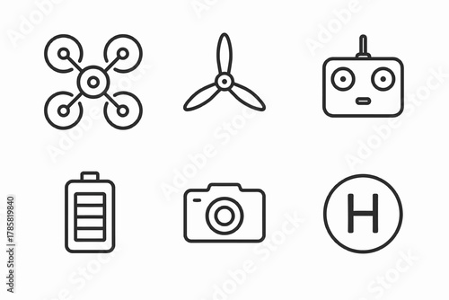 Drone equipment icons: drone, propeller, remote, battery, camera, helipad symbols