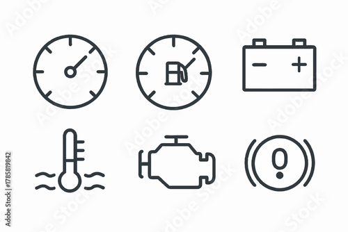 Car dashboard icons: speedometer, fuel gauge, battery, temperature, engine, warning